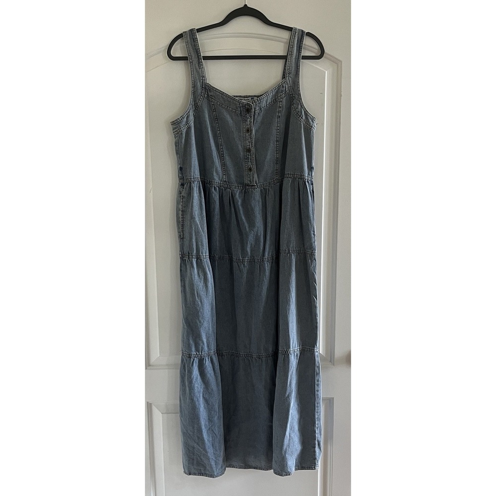 Given Kale Denim Tiered Maxi Dress Sleeveless Size Large Cotton Button Front